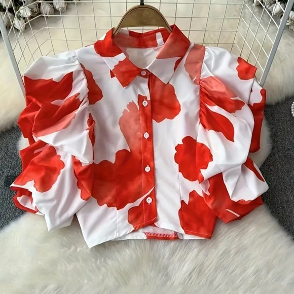 Passion of Essence Tops - Red Floral Puff Sleeve Blouse – Statement Button-Up Top